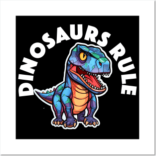 Colorful Geometric Dinosaur - Dinosaurs Rule (White Lettering) Posters and Art